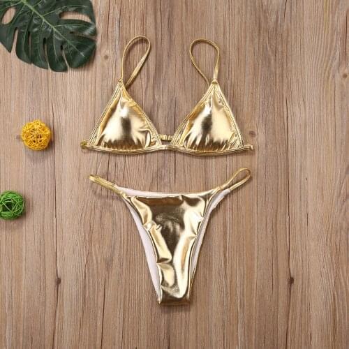 2020 Womens Gold Bikinis Set Hot Summer Sexy Padded Triangle Bra Low Waist Swim Bottoms Fashion Shiny Bathing Suit Beachwear