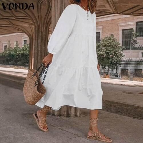 Womens Fashion Long Sleeve Dress Casual Solid Holiday Pleated Dresses VONDA Loose Cotton Long Robe Bohemian Vestidos S