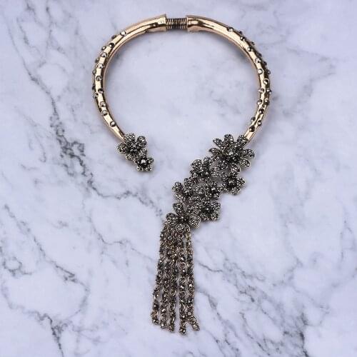 Vintage Gold Ethnic Necklace Women Choker Necklace Tribal Female Rhinestone Flower Long Tassel Big Statement Necklace