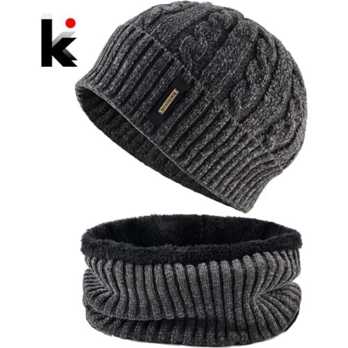 Winter Warm Hat And Scarf Set Thick Knitted Solid Skulleis Beanies Men Outdoor Soft Thick Add Velvet Hats Scarf Sets Male Beanie