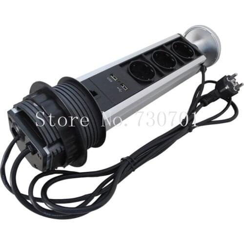 1*RJ45 2*USB 3*EU Tensile Outlet Pop Up Power Socket for Kitchen BenchTop Desk Worktop with LED Indicator Aluminium Alloy Shell
