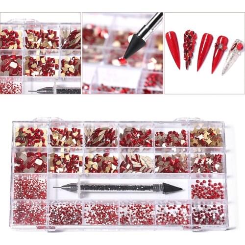 21 Grids Beads Crystals Nail Diamond Glass Rhinestones For 3D Nails Art Decorations With 1 Pick Up Pen DIY Manicure Accessories