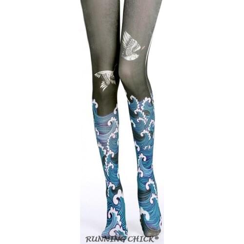 RUNNING CHICK Cranes And Waves yamato-e Fake Thigh Pantyhose Spring And Autumn Retro Stockings