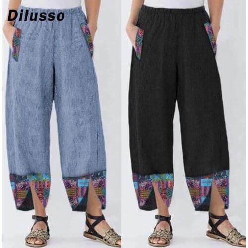 2020 Women Cotton Linen Vintage Pants Summer Elastic Waist Irregular Trousers Pantalon Casual Print Cropped Pants 5xl#D3