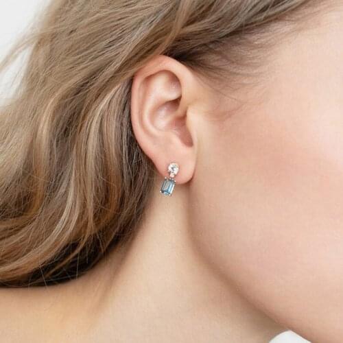 Geometric Gold Plated 925 Sterling Silver Women Multi Piercing Baguette Square Light Blue Square Zircon Dangling Drop Earring