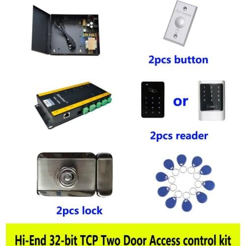 Hi-end 32-bit access control kit,TCP two door+power+intelligent mute lock+ID touch keypad reader+button+10 ID tag,sn:kit-AT209