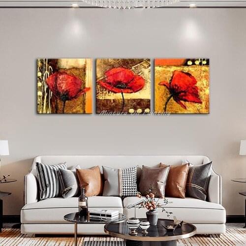 Hand-painted oil wall art red beautiful flowers decoration abstract Landscape oil painting on canvas 3pcs /set no frame