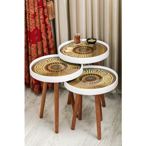 Brown Round Retro Glass Above Special Print Zigon Coffee Table 3'lü