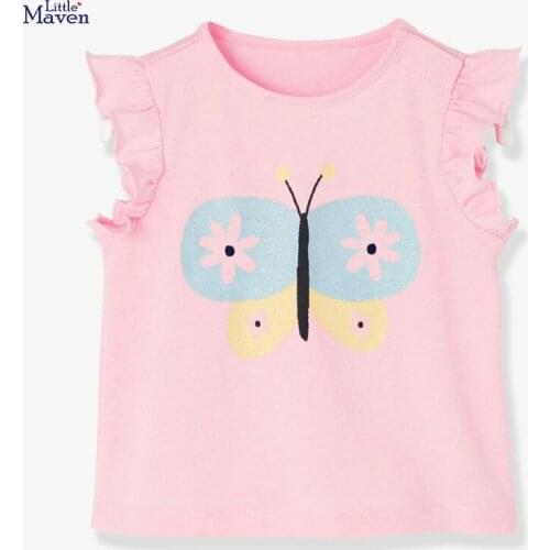 Little Maven Children 2021 Summer Baby Girl Clothes Butterfly Print Tee Tops Brand Cotton Pink T Shirt for Kids 2-7 Years 51815