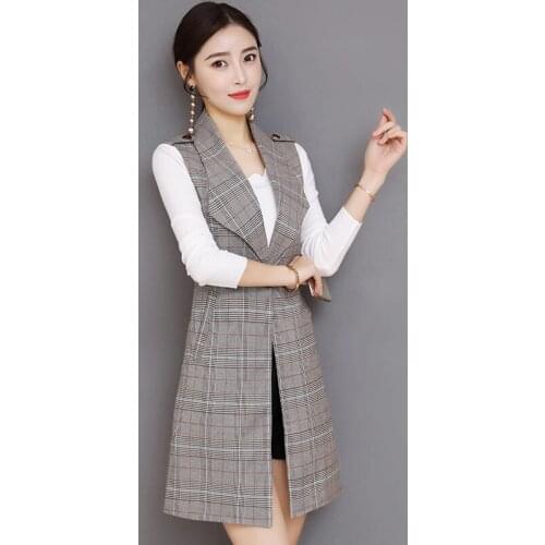 Fashion Lapel Plaid Vest Blazer Long Coat 2020 New Korean Spring and Autumn Tide Sleeveless Jacket Casual Women Waistcoat K176