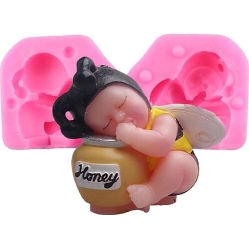 Mujiang 3D Sleeping Bee Baby Birthday Cake Resin Clay Candle Molds Silicone Soap Mould Fondant Cake Decorating Baking Tools