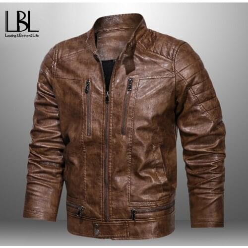 Mens Motorcycle Zipper Fleece Jacket Men Faux PU Stand Collar Leather Jacket Man Fashion Casual Biker Coat Jacket Autumn Winter