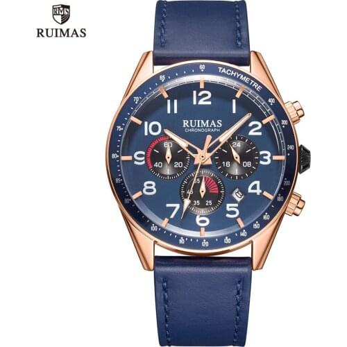 RUIMAS Mens Chronograph Quartz Watches Luxury Blue Leather Strap Military Wristwatch Man Top Brand Sport Watch Relogio Clock 574