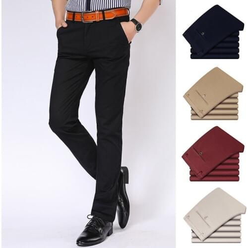 Mens casual pants fitness slim cotton blends long trousers plus size 2019 spring elastic navy grey black wine young slacks