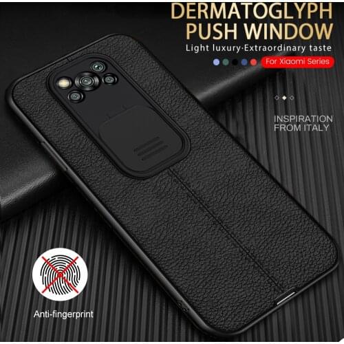 Leather texture soft silicone push pull camera protection case for xiaomi mi 11 lite poco x3 nfc redmi note 9 10 pro s fundas