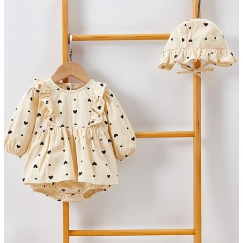 New Baby Girl Romper Cute Love Printing Long-sleeve Romper Dress + Hat 2-Pieces Of Baby Clothes Cotton Jumpsuit