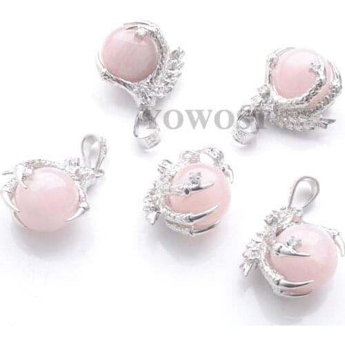Wholesale 5Pcs/Lot Natural Stone Rose Quartzs Pendants Round Ball Bead Pink Crystal Dragon Claw Crystal Reiki Chakra QN3106