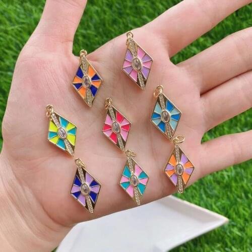 10Pcs,2021 Trendy Enamel Brass Copper Cz Pendant Rhombus Charm Colorful Women For Necklace Making Jewelry