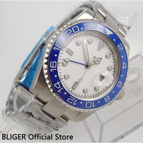 Sapphire Crystal BLIGER 40MM White Sterile Dial Blue Ceramic Bezel GMT Function Luminous Marks Automatic Movement Mens Watch
