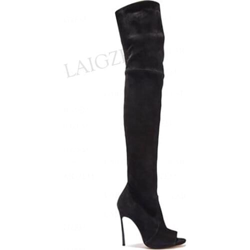 LAIGZEM Women Thigh High Boots Side Zip Faux Suede Metal High Heels Boots Over Knee Ladies Peep Toe Shoes Woman Size 39 42 44 45