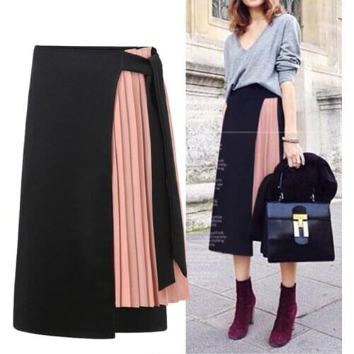 Euro Style Chiffon Patchwork One-Piece Skirt Women 2021 Summer Lace Up Asymmetry Pink Skirt Fashion High Waist Pleated Skirt