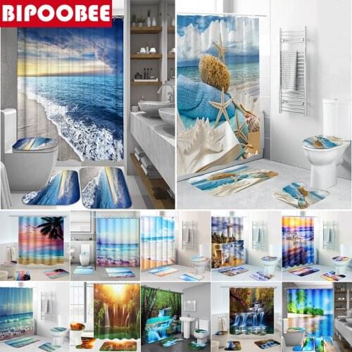 Ocean Beach 3d Print Shower Curtain Pedestal Rug Toilet Cover Bath Mat Natural Scenery Bathroom Curtains with Hooks Home Decor