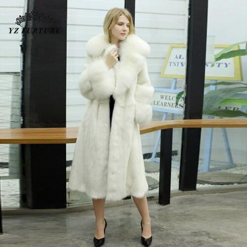 100cm Real Mink Fur Coat For Warm Winter For Woman Girl Luxurious White Fox Fur Head Long Mink Fur Fashionable Outer Clothing