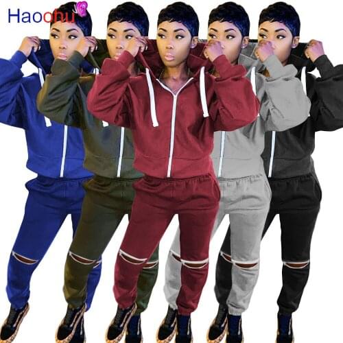 HAOOHU Sporty Tracksuit Two Piece Set Fall Clothes for Women Long Sleeve Hooded Sweatshirt and Zipper Hollow Sweatpant Suit