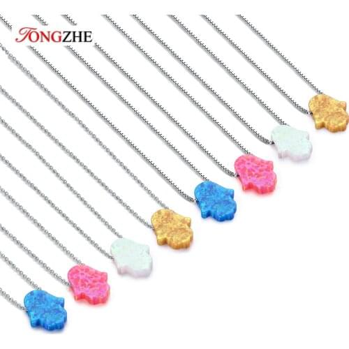 TONGZHE Hamsa Hand Pendant Necklace Sterling Silver 925 Created Fire Opal Adjustable Cable Box Chain in 16"-18" Fashion 2018