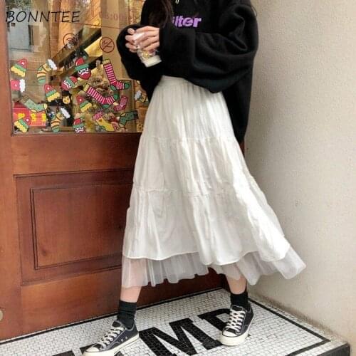 Skirts Women Solid Gauze Fashion Elastic Waist Korean Style Female Casual Streetwear Lady Sweet Girls Harajuku Midi New Simple