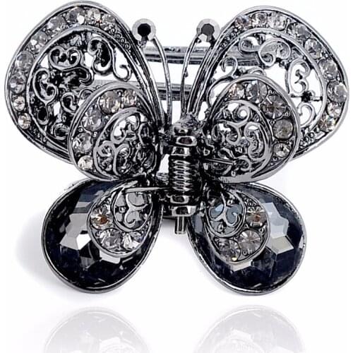 Vintage Rhinestone Butterfly Hair Claw Crab Crystal Embellished Medium Hair Clip Open Sides Hair Accessories For Women