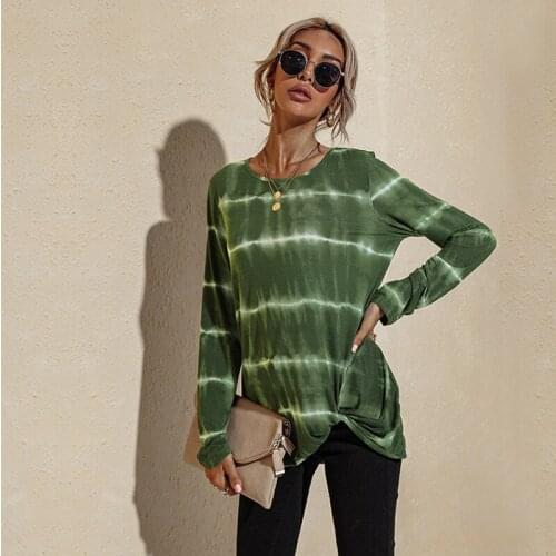 Green Tie Dye Long Sleeve Women Tshirt 2021 New Autumn Fashion Knot O-neck Female T Shirts Striped Streetwear Tops