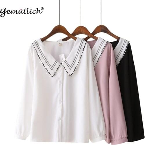 GEMUTLICH Women Big Size Thick Chiffon Shirt Long Sleeve Peter Pan Collar Blouse Sweet Top XL-4XL Autumn New