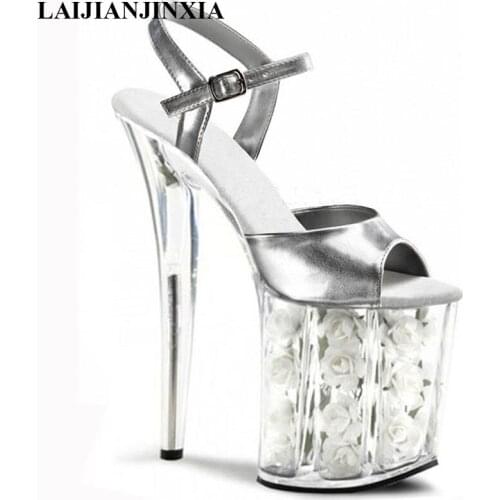 LAIJIANJINXIA New Women Platform Crystal Sandals White Flowers For Wedding Shoes 20cm Pole Dancing High Heels Dance Shoes