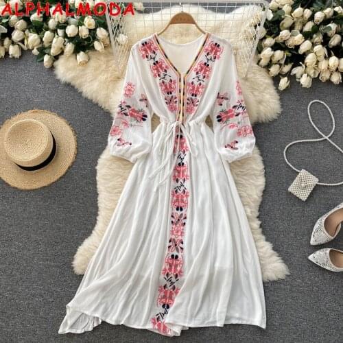 ALPHALMODA 2021 Vintage Embroidery Bohomian Dress Three Quarder Sleeve Sashes Women Holiday Resort Dress Beach Dress
