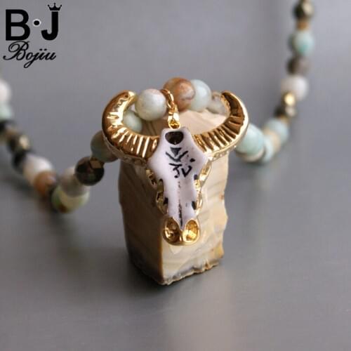 BOJIU Bull Skull Head Long Necklace For Women New Fashion Natural Stone Bohemia Woman Beaded Necklace Clothes Decorations NKS047