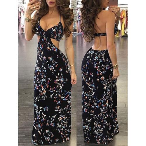 2018 Summer Boho Style Women Long Maxi Dresses Ladies Printing Floral Sleeveless Black Halter Vintage Beach Sundress Vestidos
