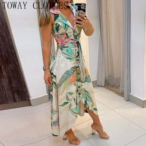 Women Sleeveless Summer Flared Floral Print Button Design Halter Backless Maxi Dress