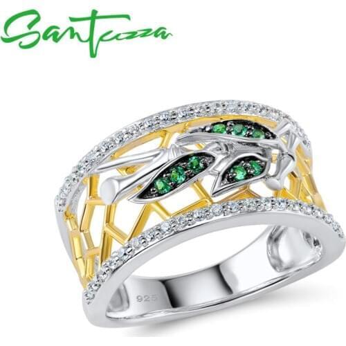 SANTUZZA Silver Rings For Woman Sparkling Green Spinels White Cubic Zirconia Genuine 100% 925 Sterling Silver Ring Fine Jewelry