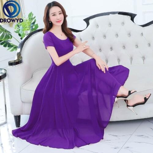 2021 Summer Elegant Women Boho Beach Maxi Dress Party Bodycon Purple O-neck Short Sleeve Long Vestidos Chiffon Casual Midi Dress