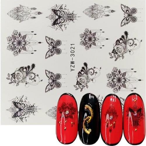 1pcs Flower Slider Nail Sticker Water Transfer Black Floral Butterfly Decals Nail Art Tattoo Manicure Wraps Accessories