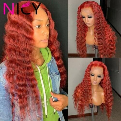 13X4 Lace Front Human Hair Wigs Red Deep Wave Wavy Brazilian 150% Density Pre-Plucked Lace Front For Women