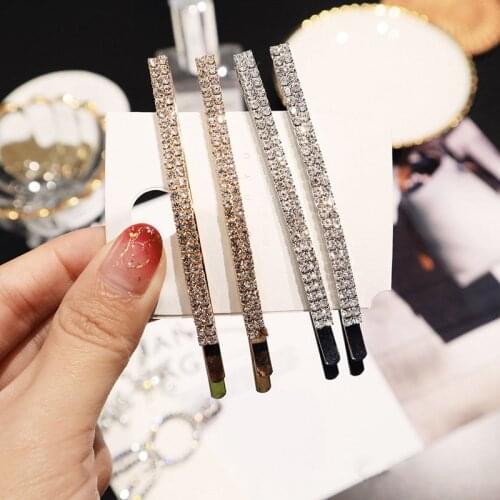 2pc Fashion Simple Korean Shiny Crystal Barrettes Long Hair Clips Double Rhinestones Forehead Side Hairpins Hair Accessories S35