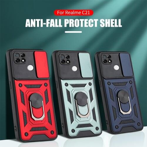 Push Camera Protect Case For Oppo Realme C21 C12 C25 Narzo 20 30A A5 A9 A53 A32 2020 8 Pro Reno 5 4 Lite Ring Stand Armor Cover