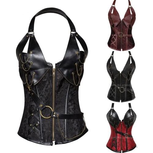 Women Medieval Palace Noble Retro Knight Cosplay Costume Carnival Party Top Gothic Punk Leather Corset Belt Vest Halter Bodysuit