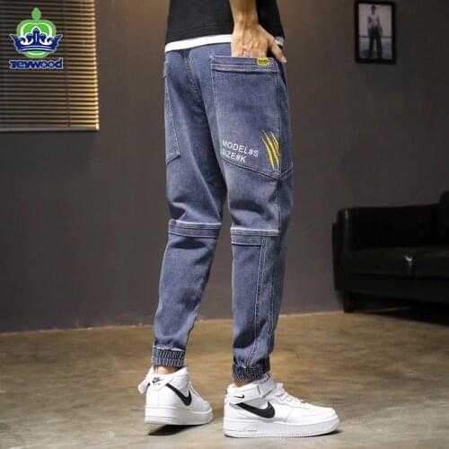 Fashion Streetwear Mens Jeans Splice Denim Cargo Pants Hip Hop Pants Men Slack Bottom Joggers Hombre Harem Trousers Male 3 4XL