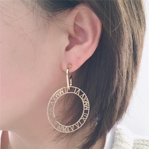Elegant Gold Color Plating Roma Numerals Hollow Circle Charm Drop Earrings For Women Girl Gorgeous Casual Jewelry Accessory