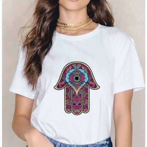 Lucky Hamsa hand print tee shirt femme white tshirt summer top female Hamasa hand of Fatima t-shirt t shirt woman clothes