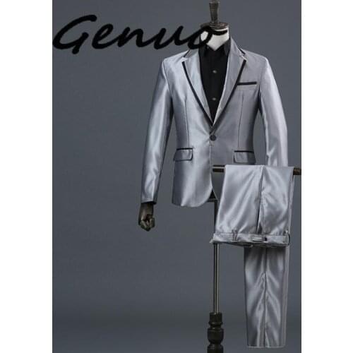 Genuo 3 Pieces Suit (Jackets+Pants+Bow Tie) Men Stage Prom Party Mens Gray Dress Suits Singer Wedding DJ Costumes Ternos Homme