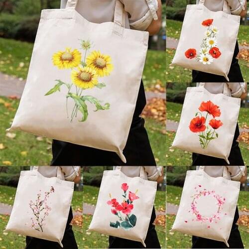 Sunflower Floral Art Print Canvas Shopulder Bag Female Graphic Cloth Shopping Bag Aesthetic Flower Womens Shopper Bag Grocery